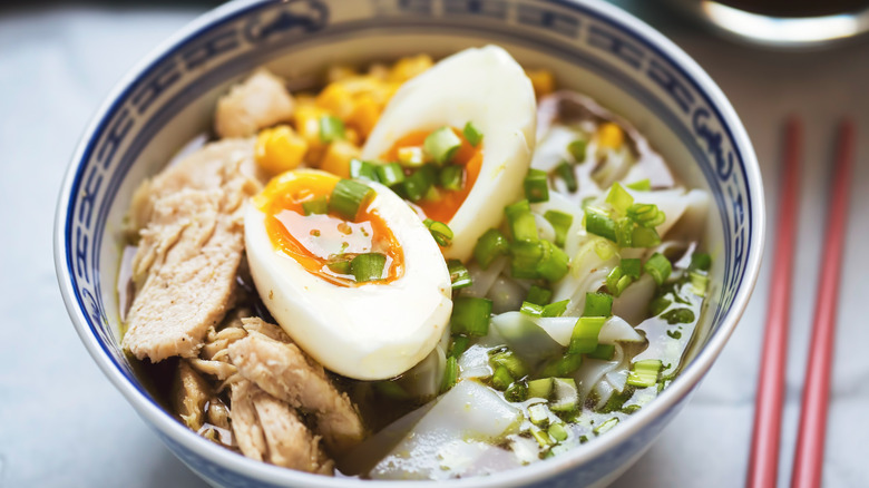 ramen with scallions, chicken and egg