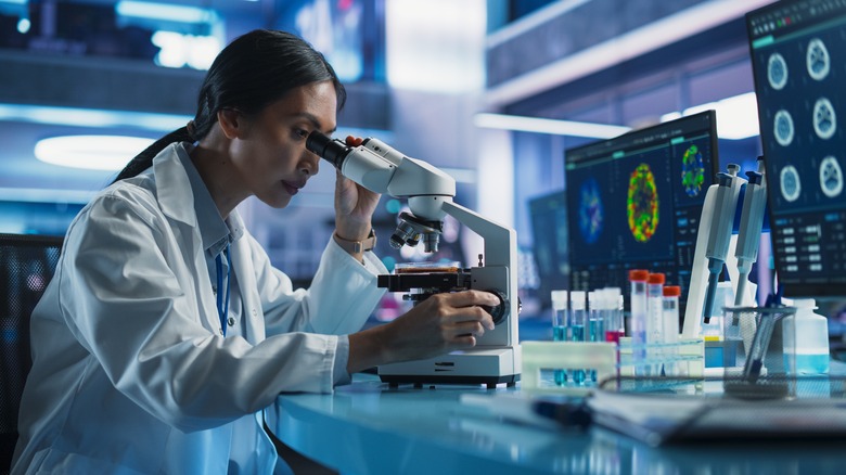 scientist checking microscope