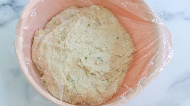 dough in pink bowl