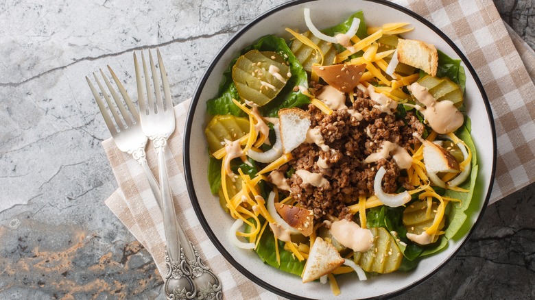 Cheeseburger salad in bowl