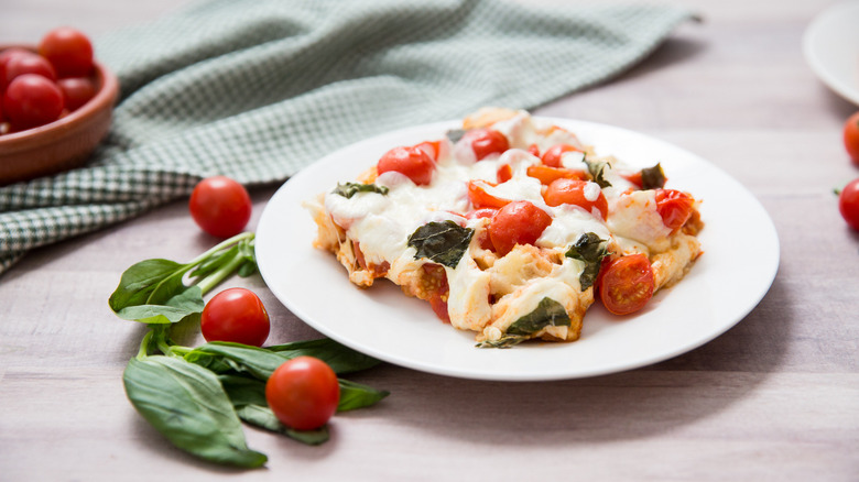 Caprese casserole on white plate