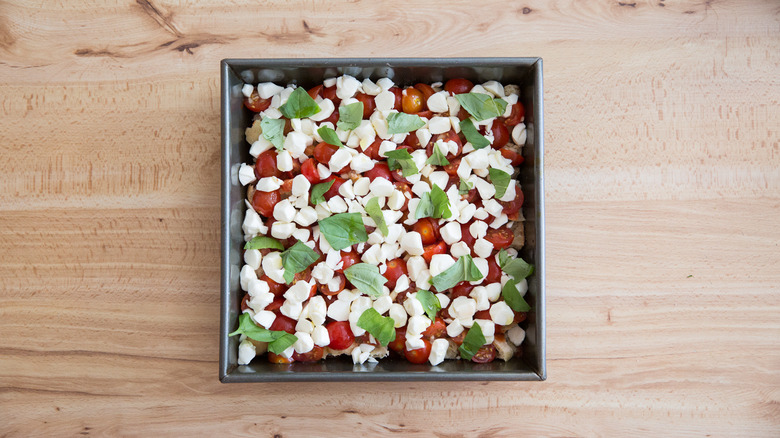 unbaked Caprese casserole in pan