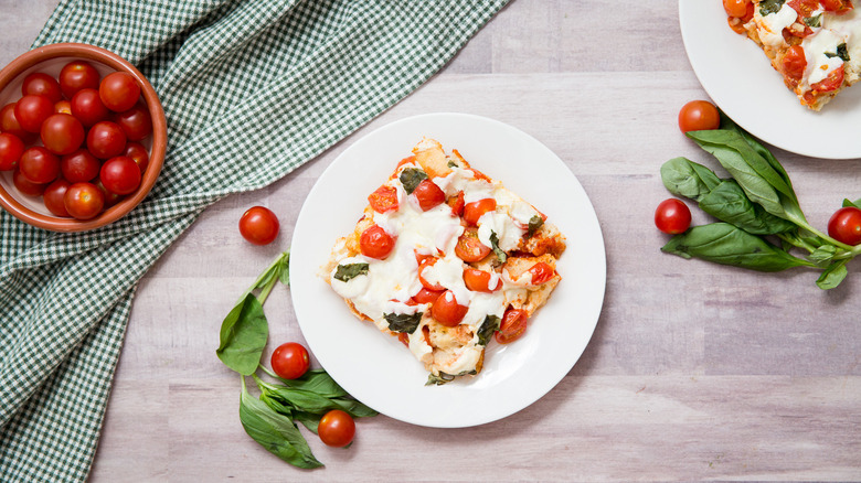 Caprese casserole on white plate