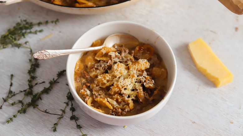 French onion soup pasta in bowl