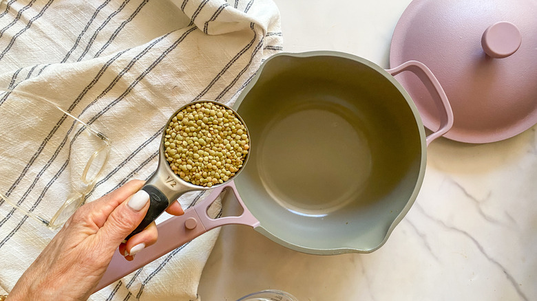 lentils going in pot