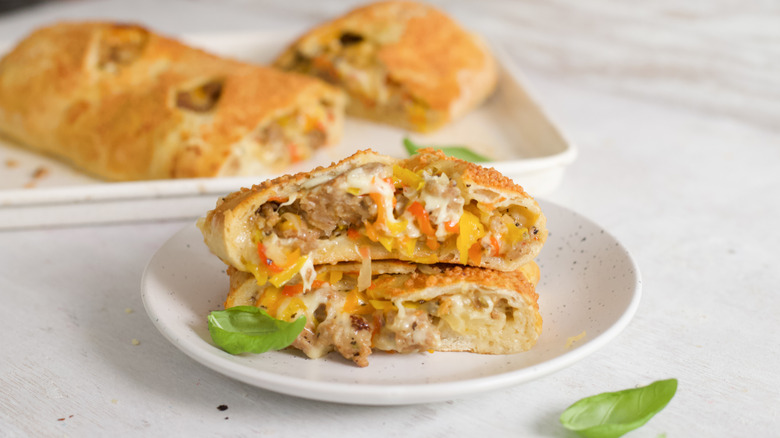 stuffed bread on white plate