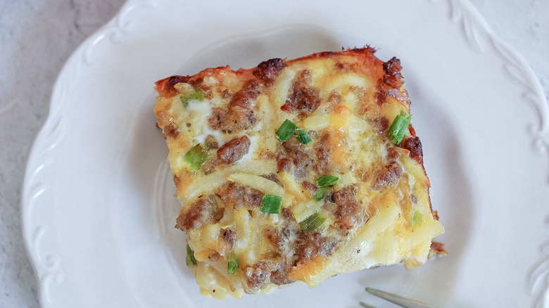 cheesy sausage breakfast casserole slice