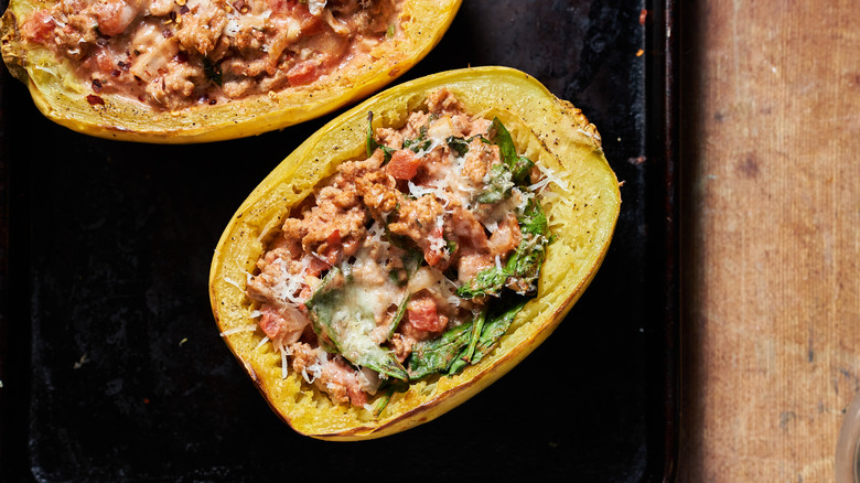 baked spaghetti squash on table