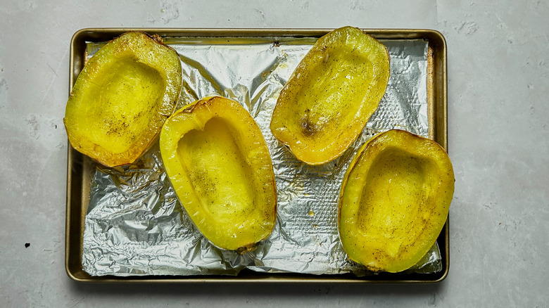 roasted spaghetti squash on tray