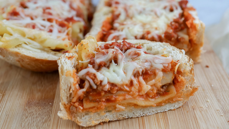 Close up of a slice of lasagna bread