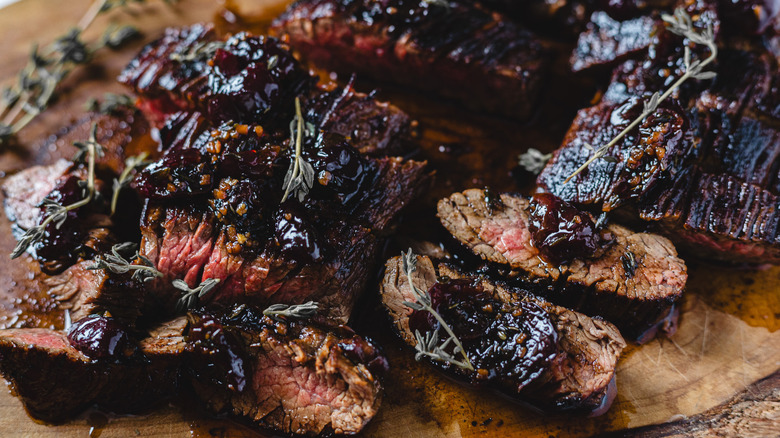 Close up on steak slices