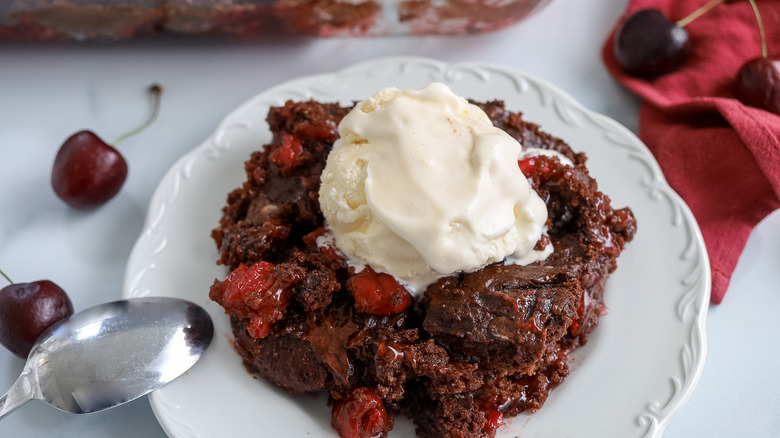 cherry cola dump cake on a plate