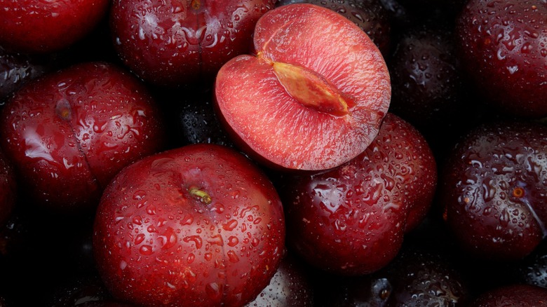 Wet cherry plums close-up