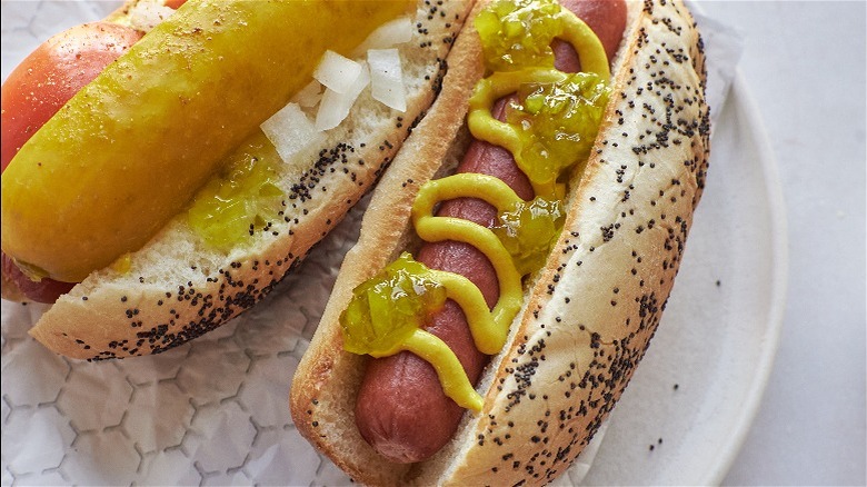 mustard and relish on hot dog