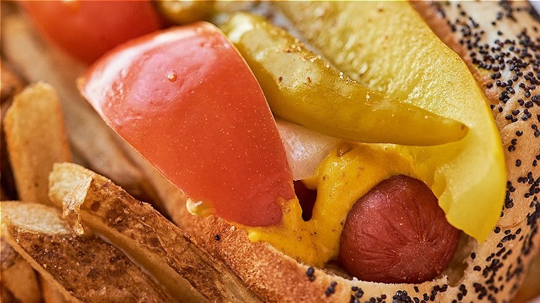 close up of hot dog toppings