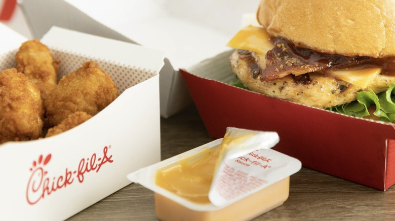 Chick-fil-A sauce with grilled chicken sandwich and nuggets