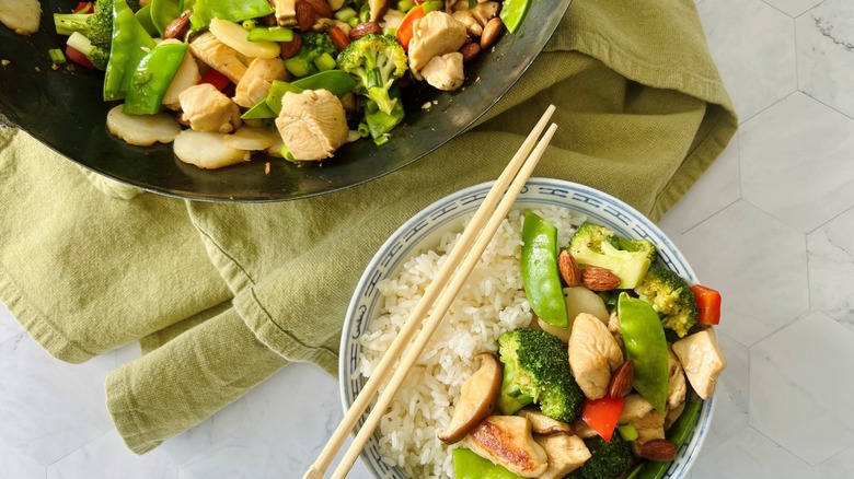 bowl of chicken gai ding with rice