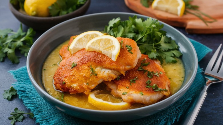 Chicken francese, lemon, and parsley