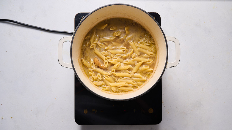 cooked penne in soup