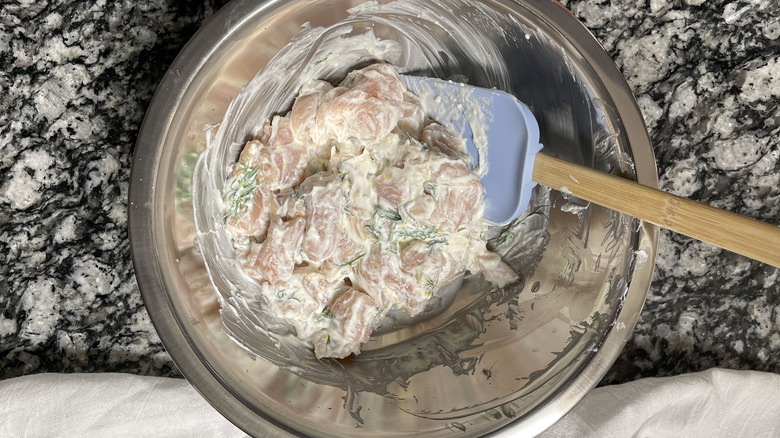 marinading chicken chunks in bowl