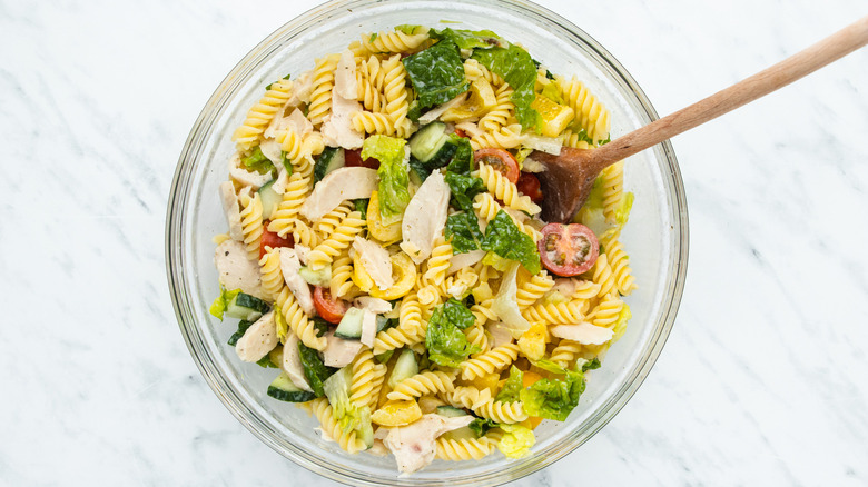 chicken pasta salad in a bowl 