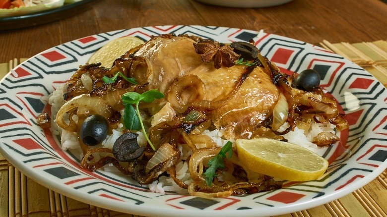 A plate of Senegal chicken yassa over rice