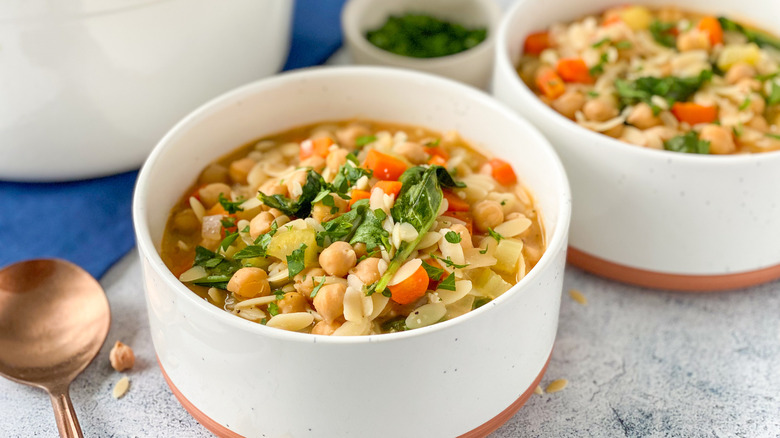 chickpea orzo soup in bowl 