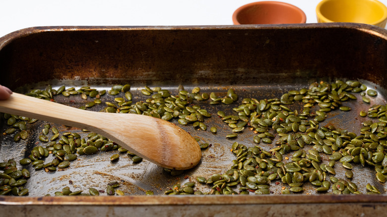 spiced pumpkin seeds in tray