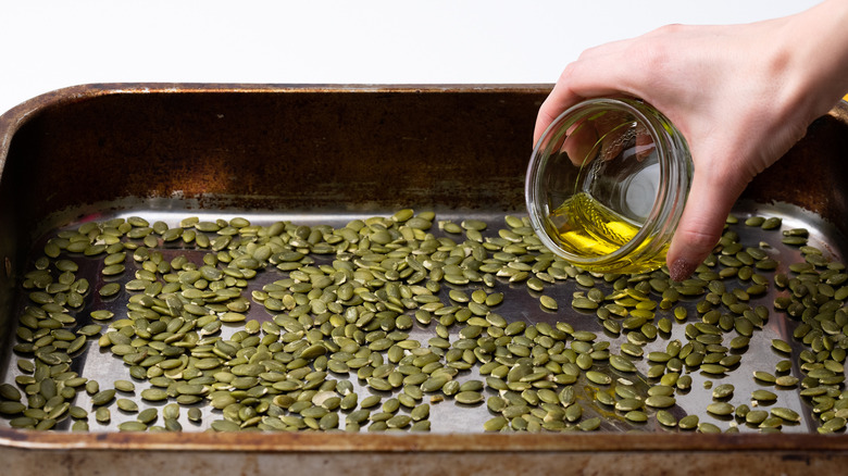 pumpkin seeds on baking tray 