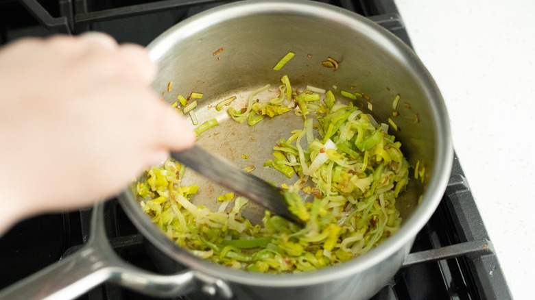 Sliced leeks cooking in a pot