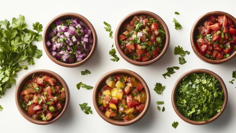 different types of salsa in bowls with cilantro