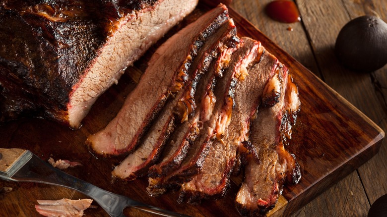 Close-up of sliced smoked brisket