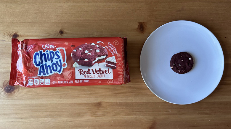 Chewy Red Velvet Chips Ahoy cookies on wooden table