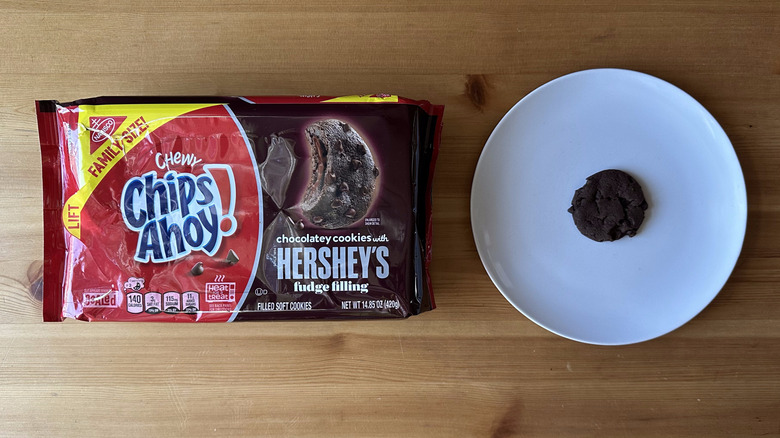 Chewy Chocolatey Cookies with Hershey's Fudge Filling Chips Ahoy cookies on wooden table