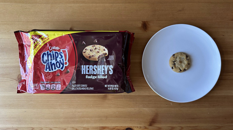 Chewy Hershey's Fudge Filled Chips Ahoy cookies on wooden table