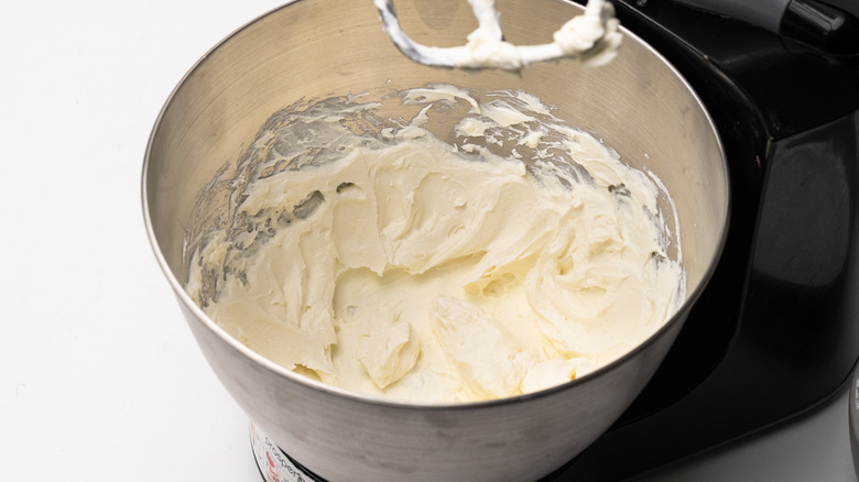 beaten cream cheese in bowl