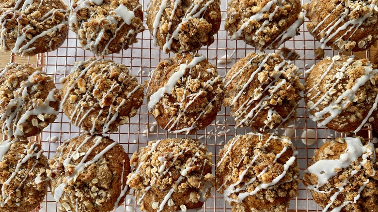 Glazed muffins on a wire rack