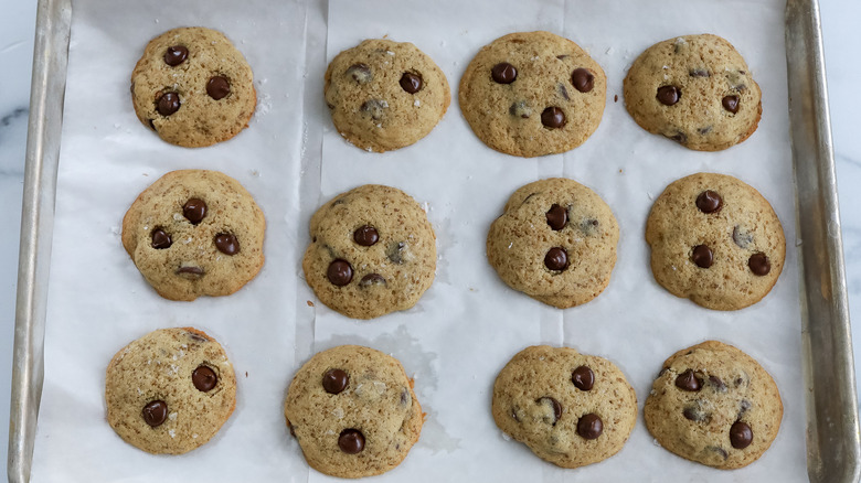 baked chocolate chip quinoa cookies on a pan