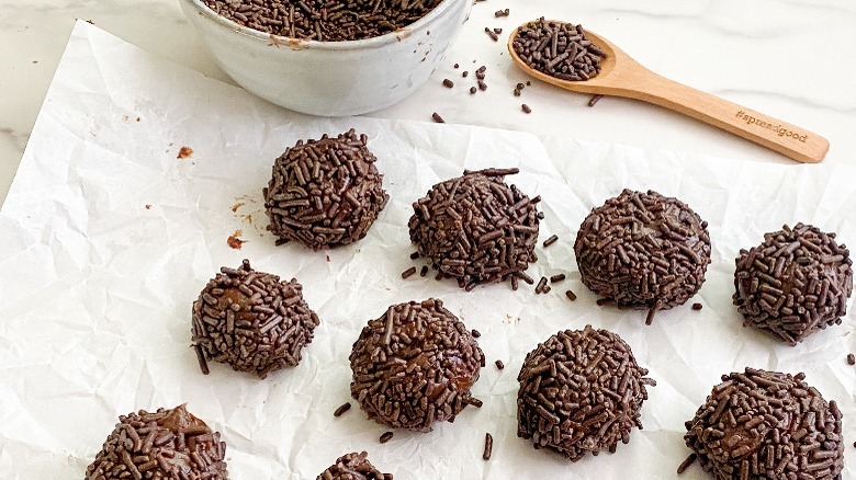 finished brigadeiro on parchment paper