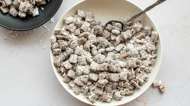 Chocolate-coconut puppy chow bowl