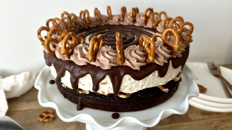 Chocolate-covered pretzel ice cream cake