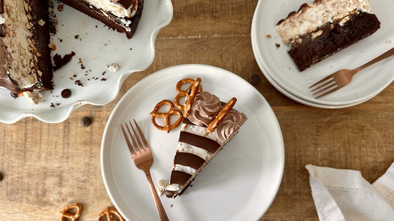 Chocolate-covered pretzel ice cream cake