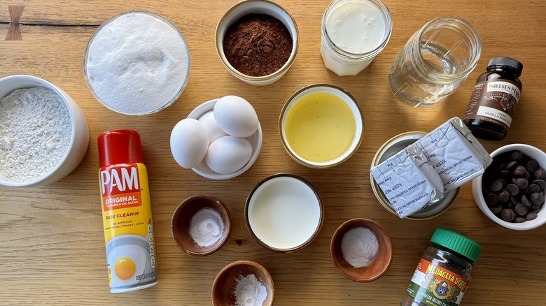 Ingredients for chocolate cream cheese bundt cake