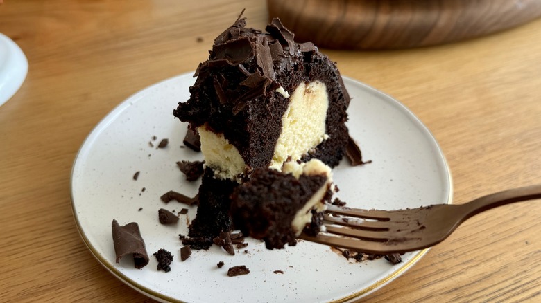 Slice of chocolate cream cheese bundt cake