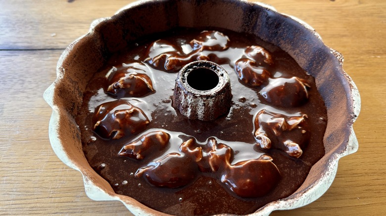 Chocolate cream cheese bundt cake batter in pan