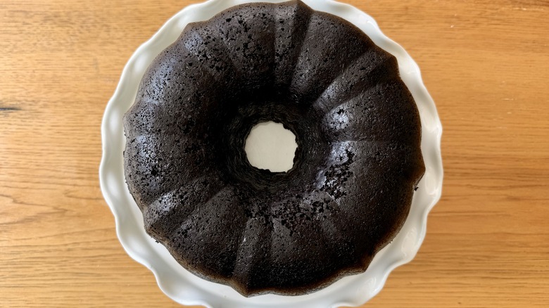 Chocolate bundt cake on serving plate