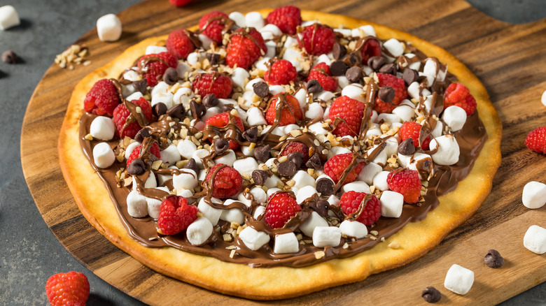 Chocolate pizza, raspberries, and marshmallows