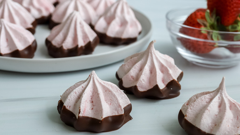 close up of chocolate strawberry meringue cookies