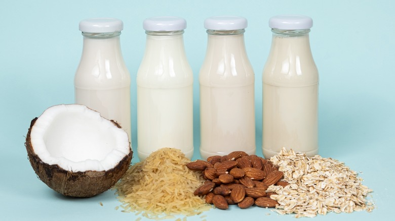 Milk bottles, coconut, almonds, rice