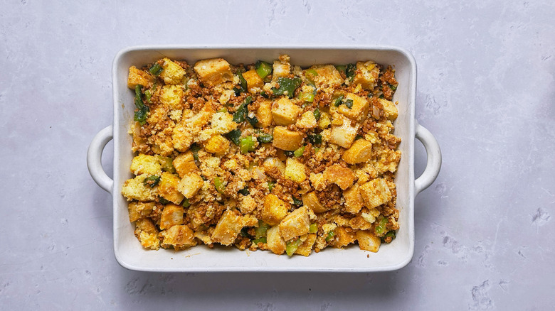 chorizo stuffing in a baking dish